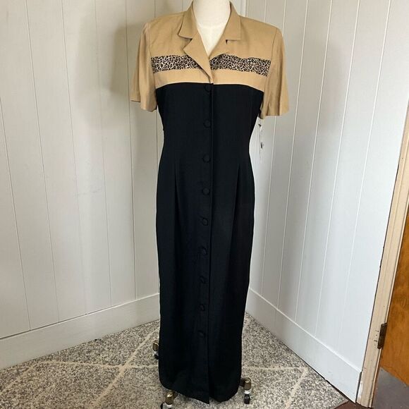 VTG 80s S.L. Fashions Size 12 Petites Statement Leopard Print Button Down Dress - Picture 1 of 16